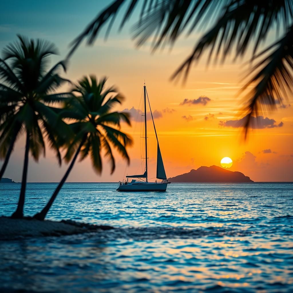Sailboat in a Secluded Paradise at Sunset