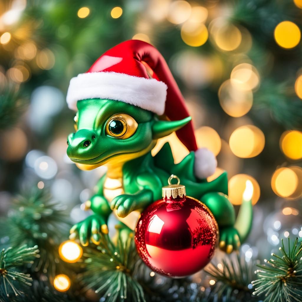 Cute Green Dragon with Santa Hat and Ornament