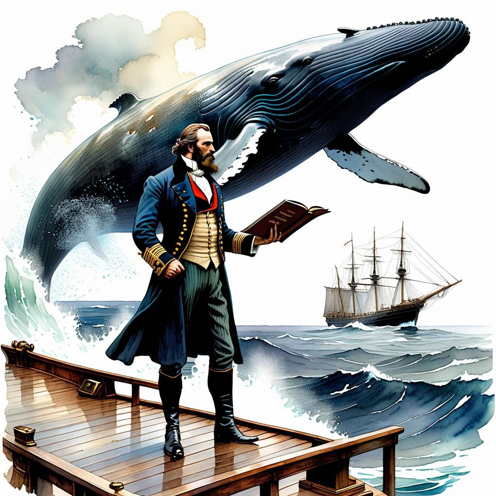 Ahab on the Pequod: Digital Watercolor Illustration