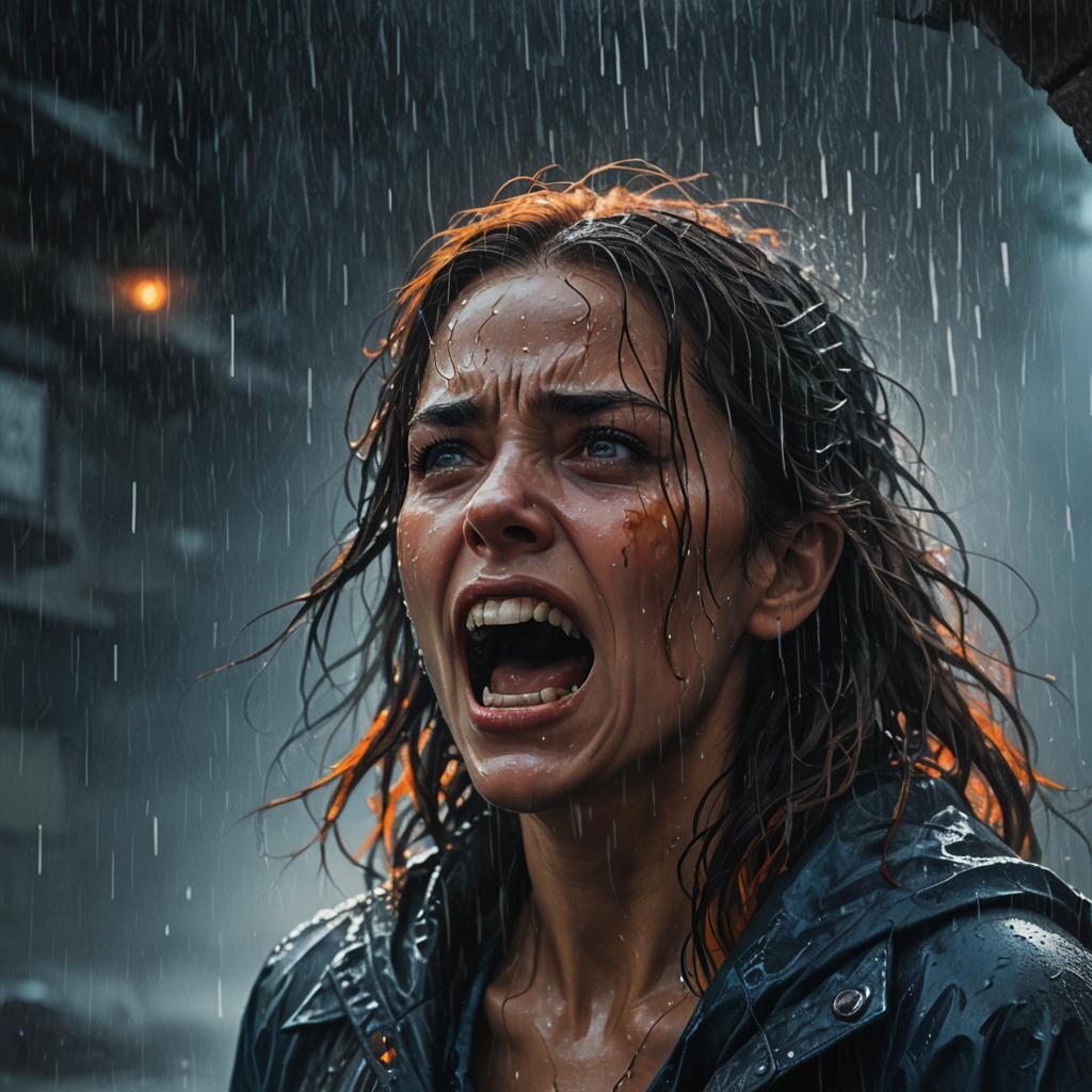 Haunted Woman Screams in the Rain, Dark Fantasy Concept Art