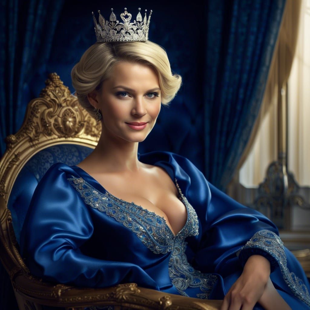 Sensuous Queen in Blue Silk Gown on Throne