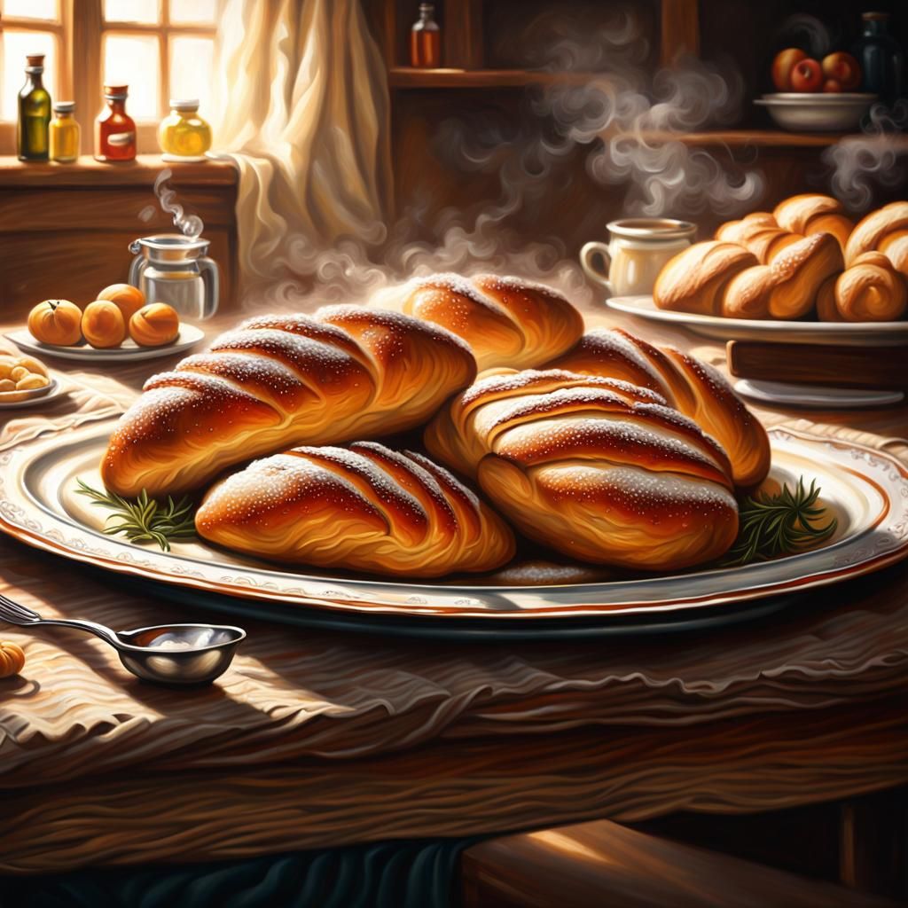 Warm Still Life Oil Painting of Steaming Food