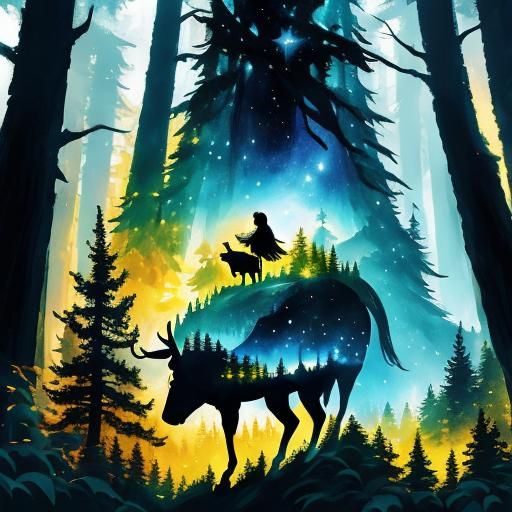Sorceress in Starry Forest: Double Exposure Silhouette Art