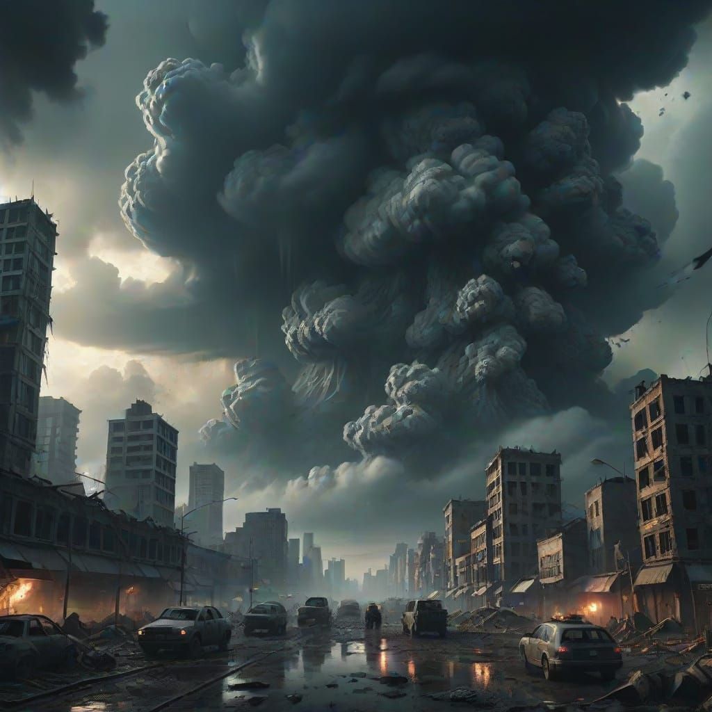 Apocalyptic City Under Ominous Death Cloud in Oil Painting S...