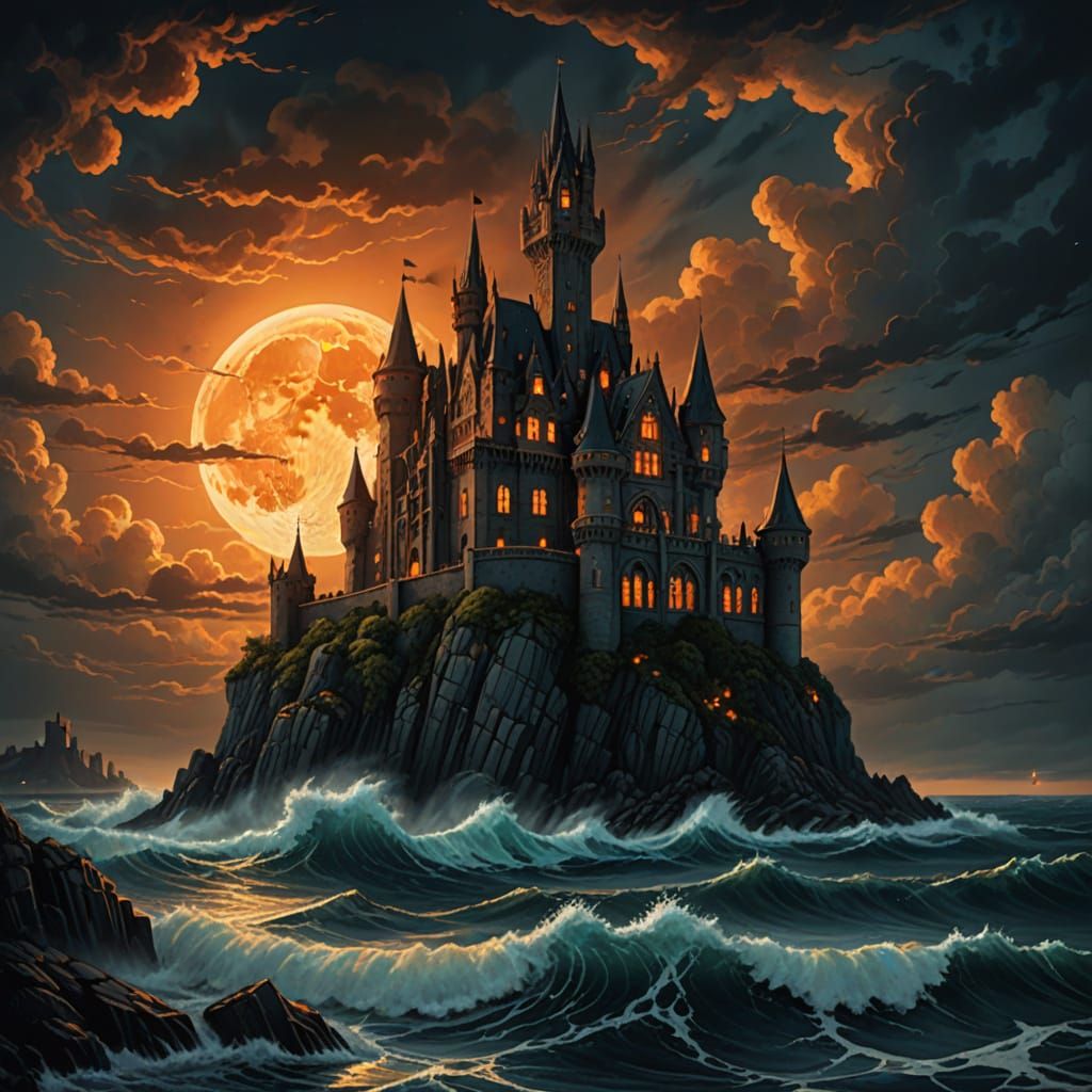 Gothic Castle on Stormy Island in Fantasy Art Style