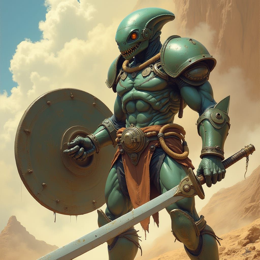 Armored Alien Warrior in Dramatic Sci-Fi Landscape