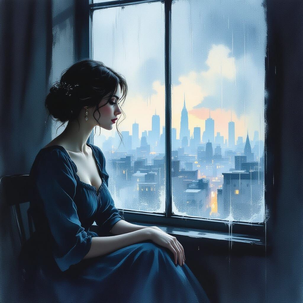Woman Reflecting by Rain-Streaked Window in Watercolor Style
