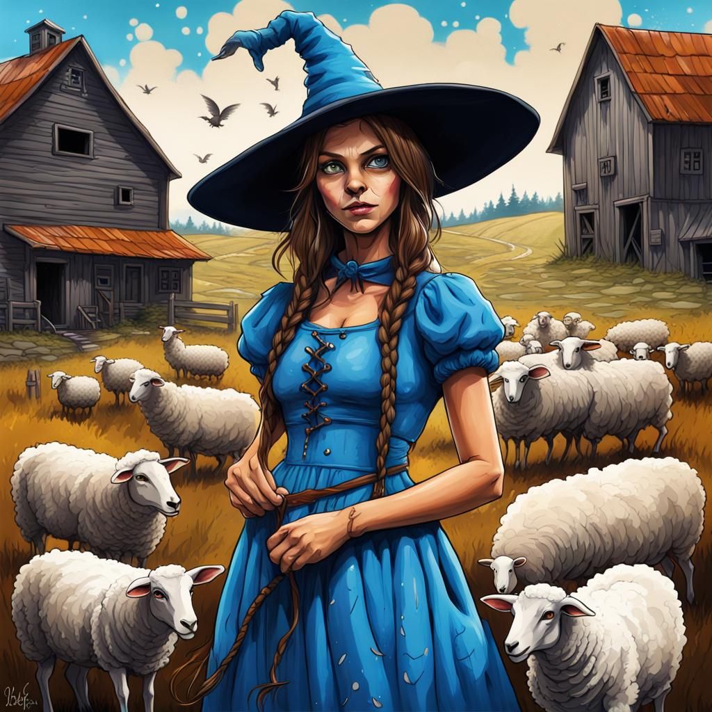 Discworld Witch on Sheep Farm in Graffiti Art