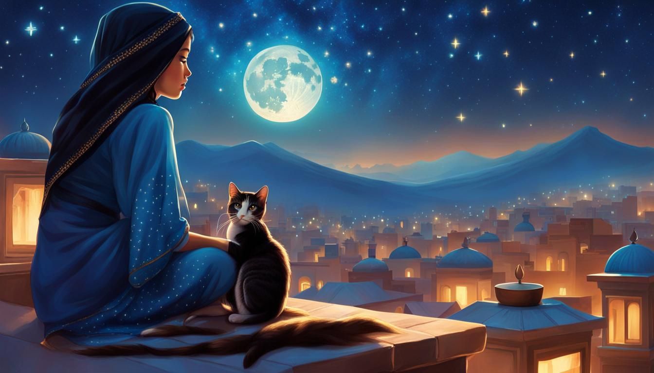 Arabian Girl Watching Stars in Oriental City