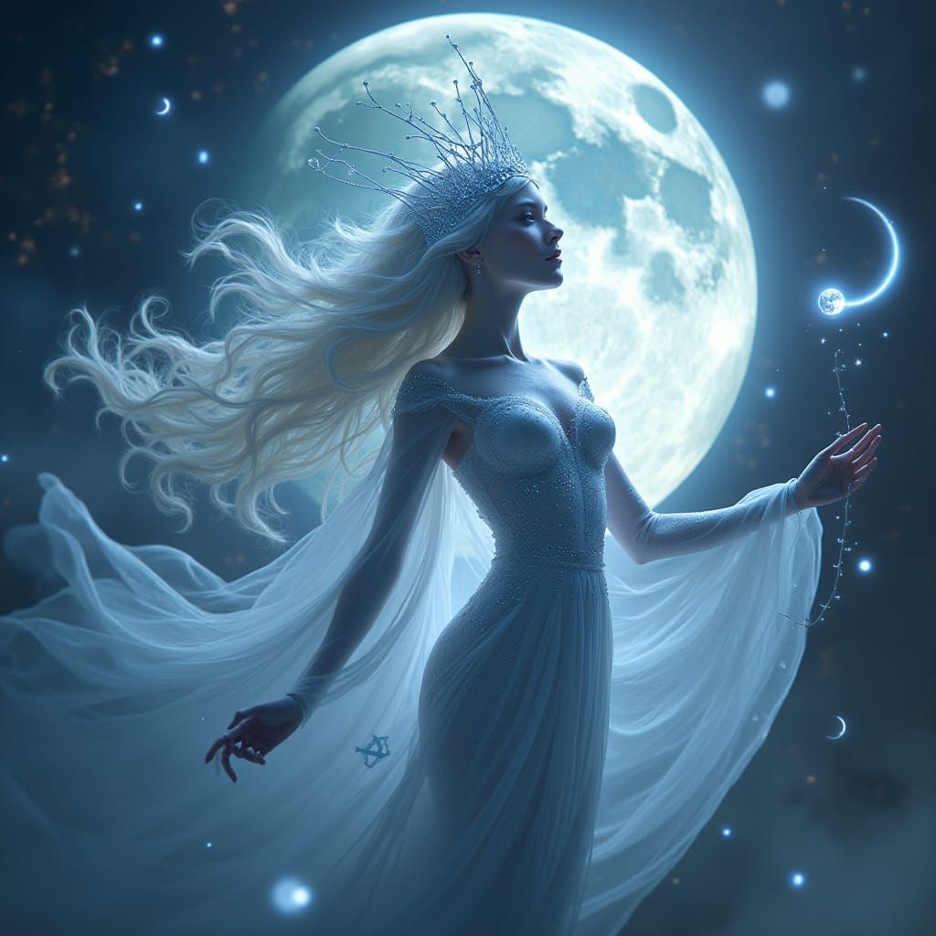 Moon Queen in Cosmic Splendor, Surrounded by Celestial Beaut...