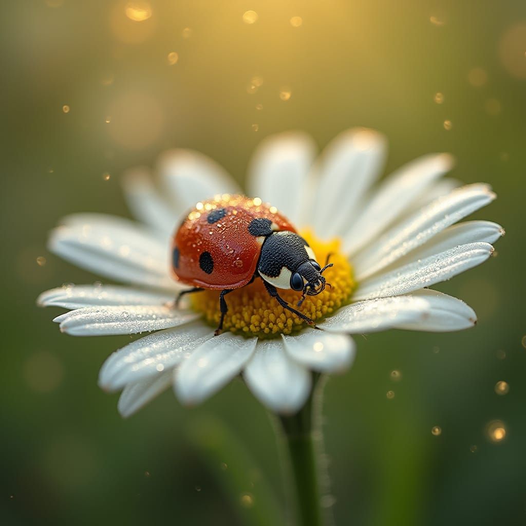 Ladybug on Daisy with Dew Drops: Macro Photography