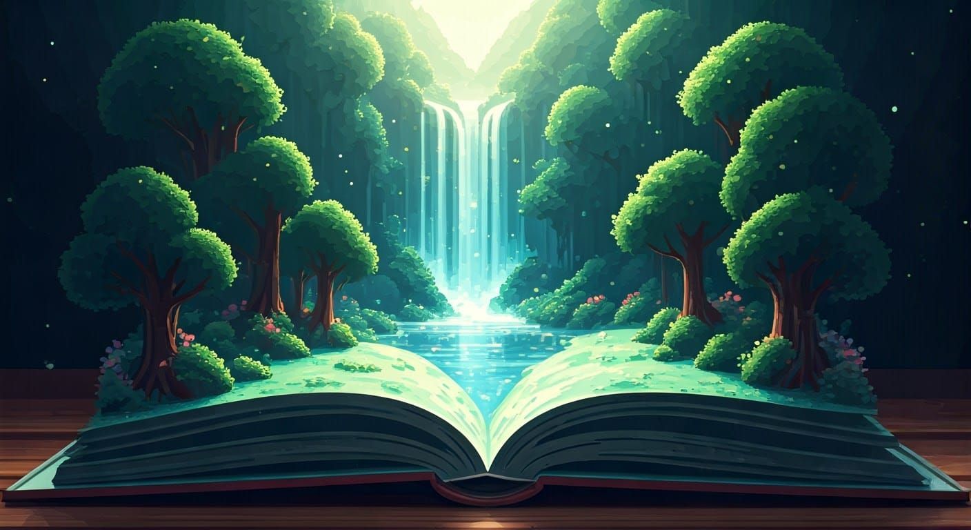 Pop-up book revealing a fantastical landscape that overflows...