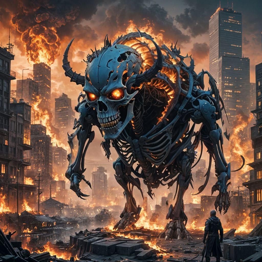 Skeletal Bison Watches Burning City: 3D Anime Art