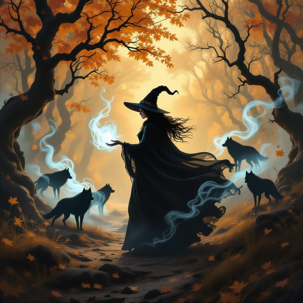 Witch Conjures Spectral Wolves in Autumn Forest