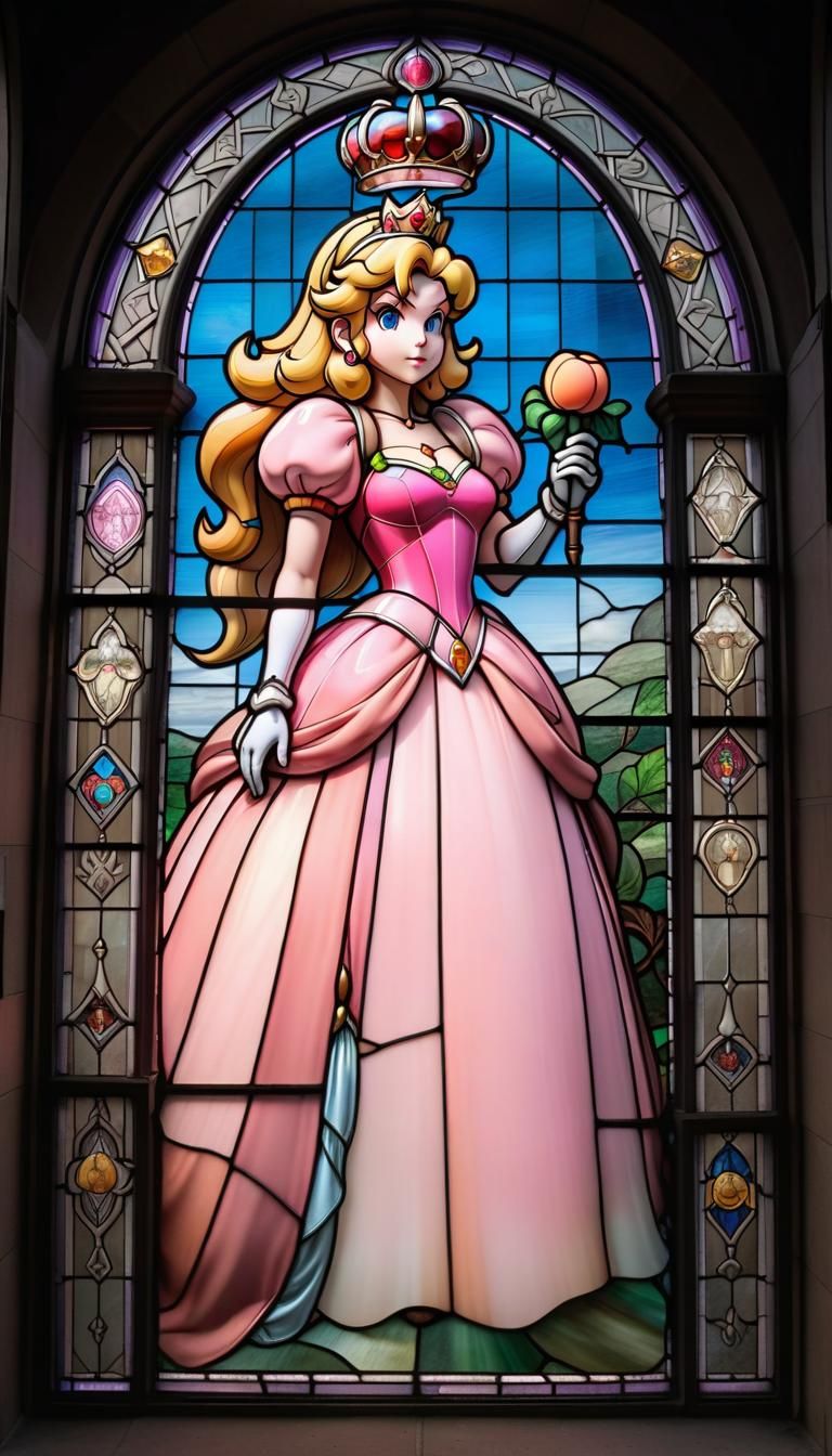 Gothic style Stained Glass Window depicting Princess Peach