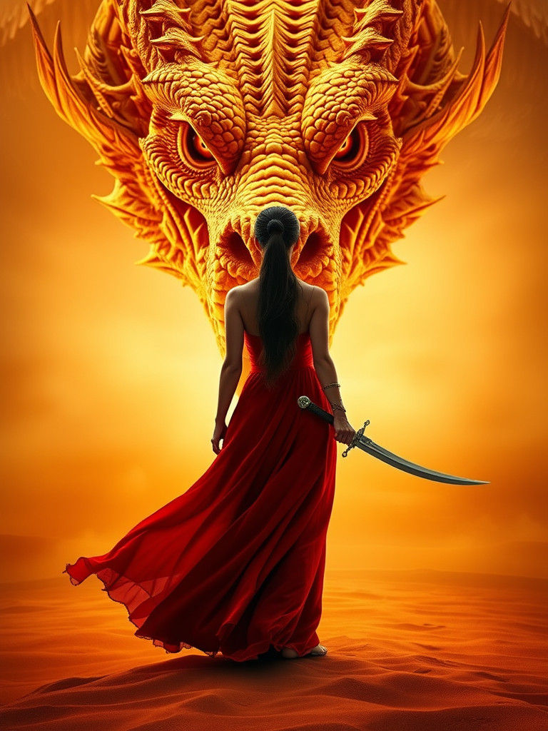 Woman Confronts Golden Dragon in Fantasy Landscape