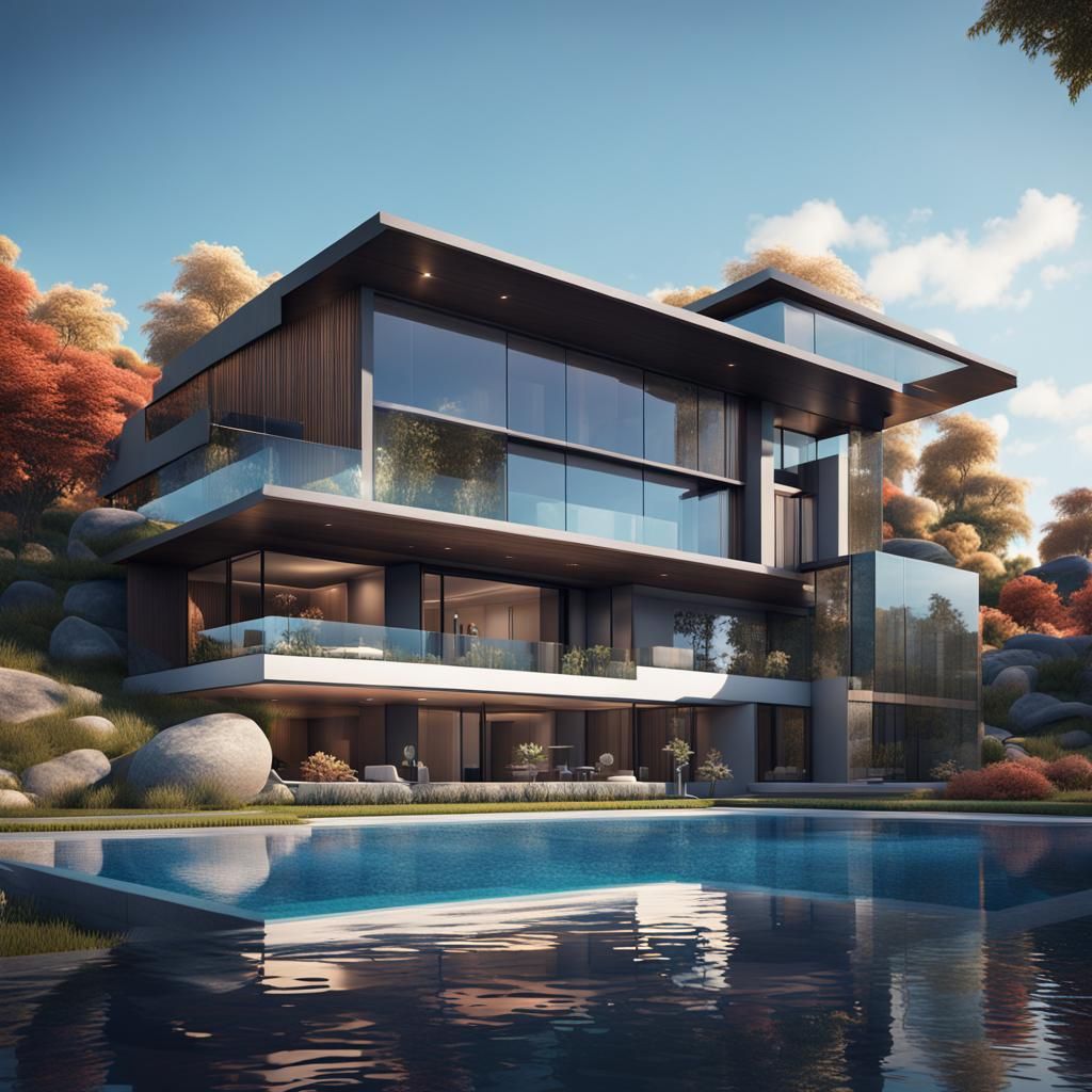 Modern Mansion with Infinity Pool: Digital Art