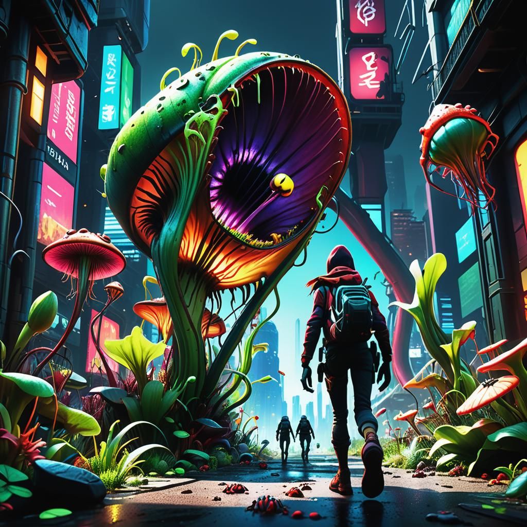 Apocalyptic Cityscape Dominated by Carnivorous Plants, Digit...