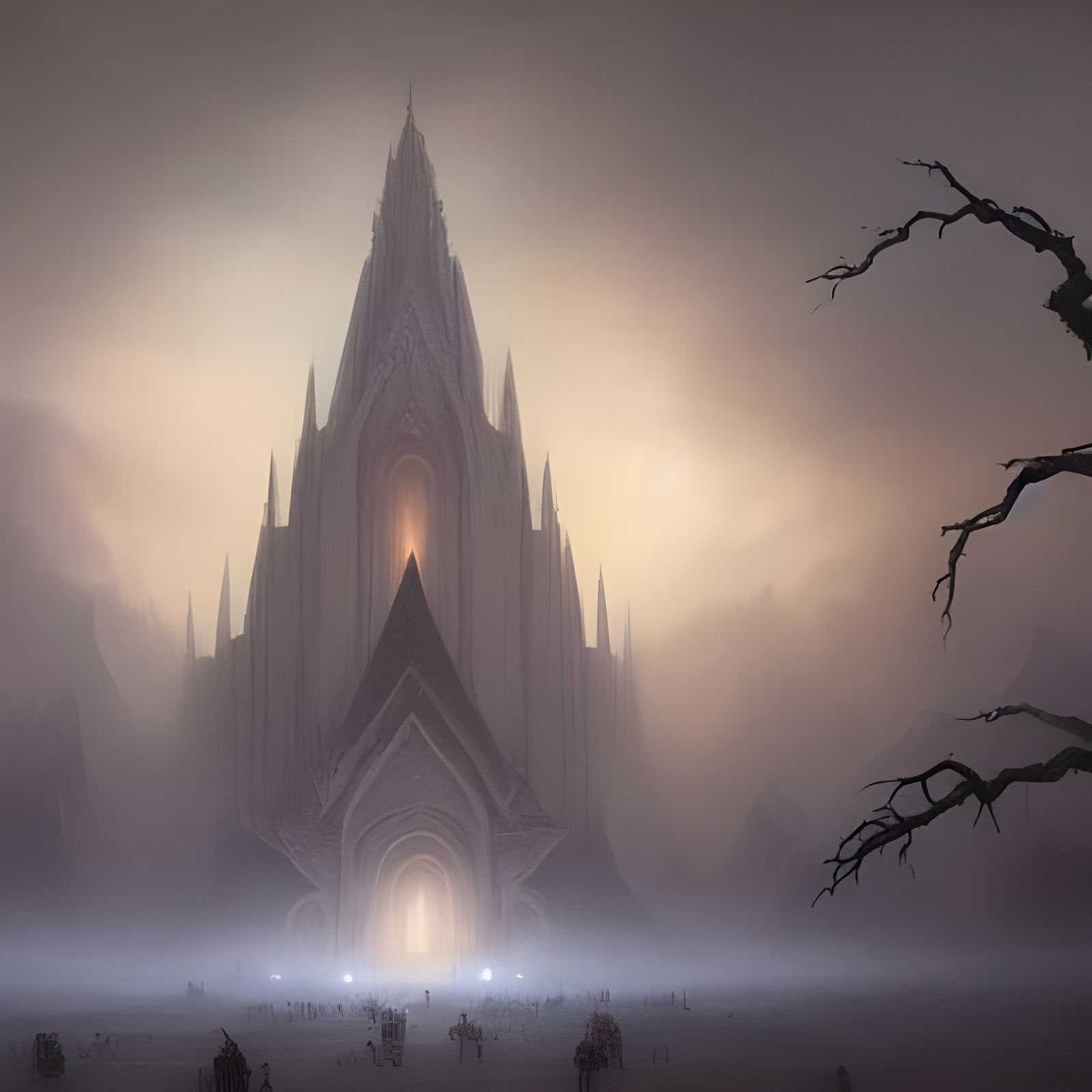 Ethereal Temple of Black Trees in Twilight