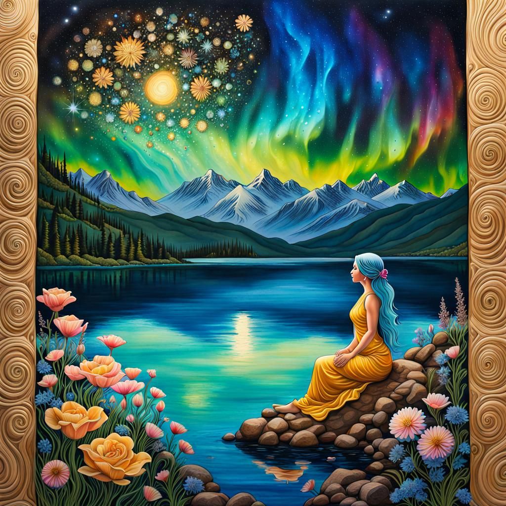 Aurora Borealis Over Sparkling Lake with Winged Woman