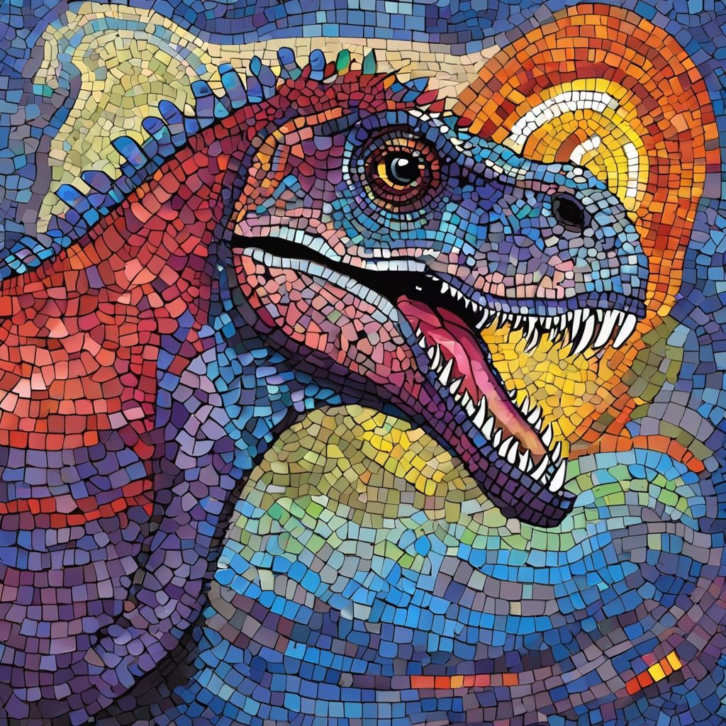 Sleek Dinosaur in Vibrant Mosaic Painting with Sequins