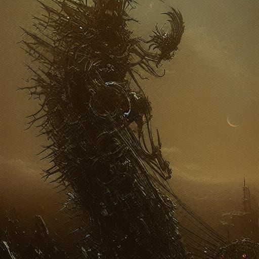 Horrific Machine-Man Fusion in Dark Fantasy Style