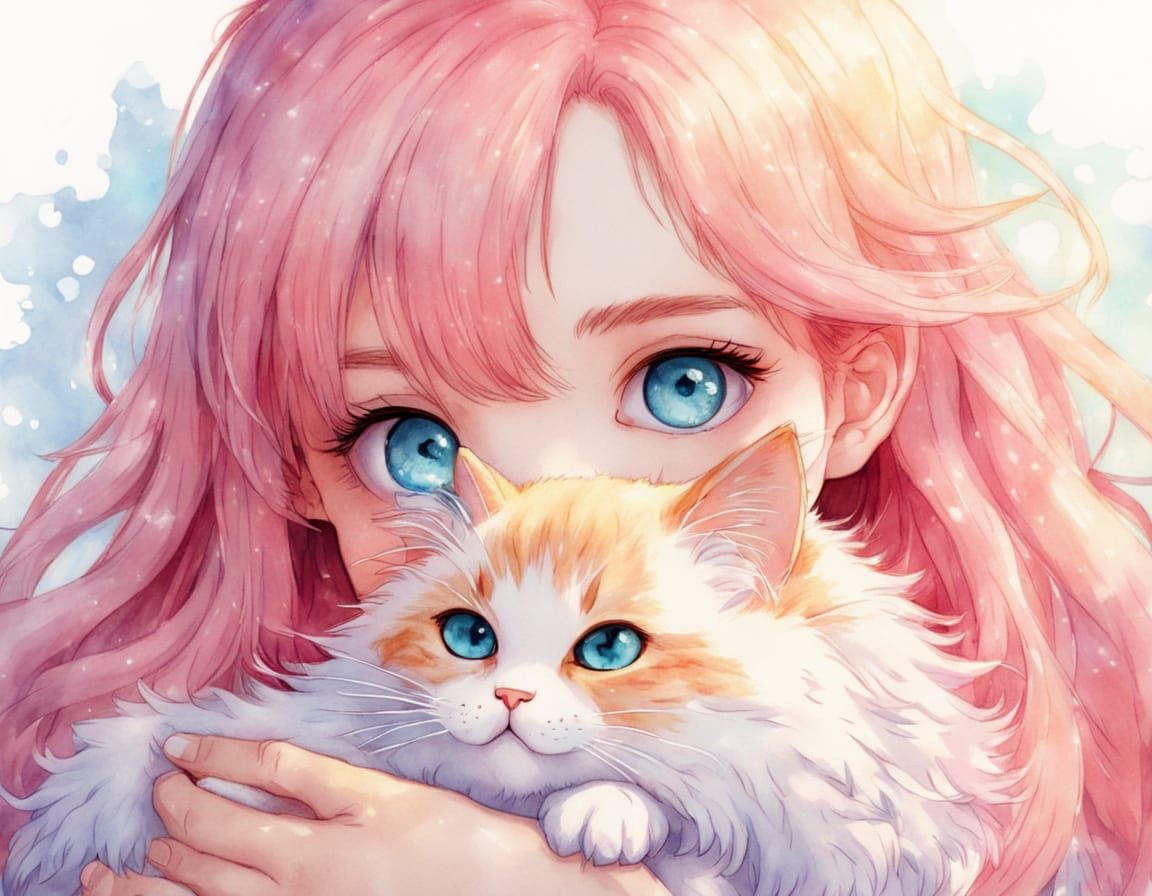 Whimsical Anime Portrait of a Girl with Pink Hair and Cat
