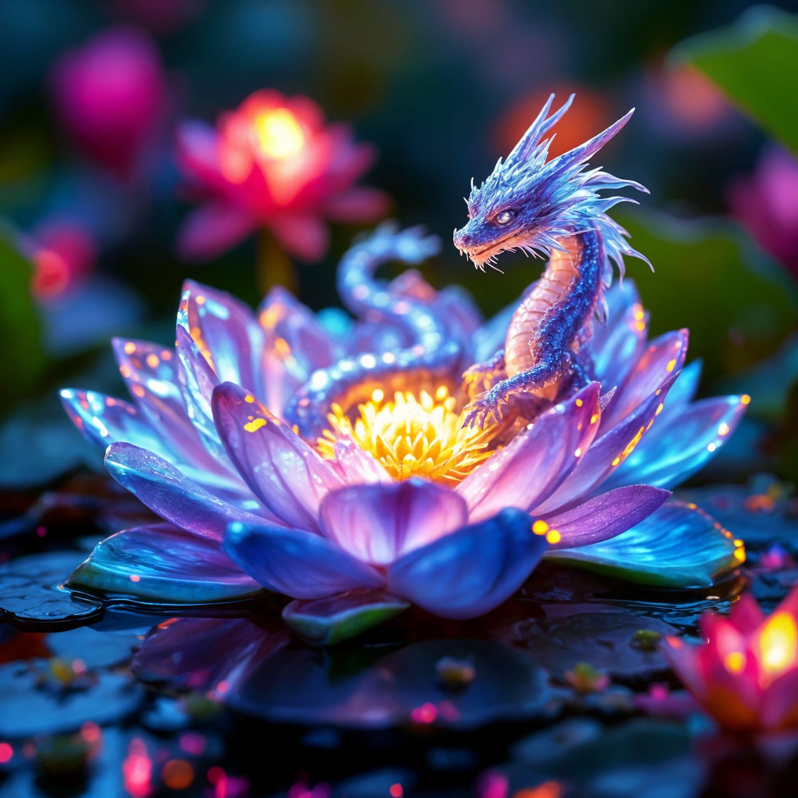 Crystal Dragon Amidst Lotus Bloom
