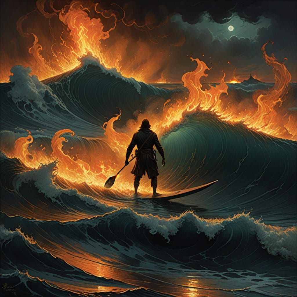 Surfer Rides Burning Waves in Dark Fantasy Art