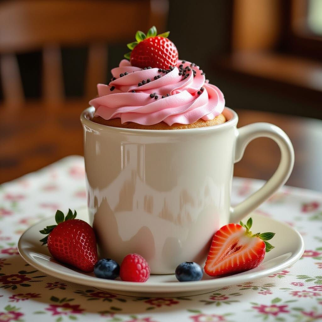 Emma Bridgewater Style Mug Cake with Pink Icing and Berries