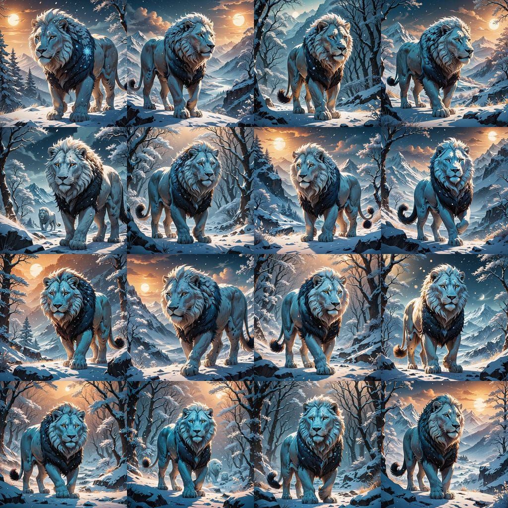 Regal Himalayan Snow Lion Roams Majestic Snowy Realm in Anim...