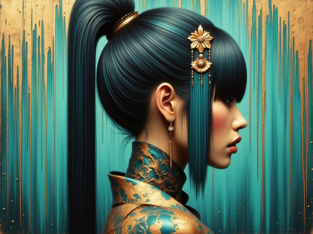 Teal and Gold Cyborg Geisha Editorial Portrait