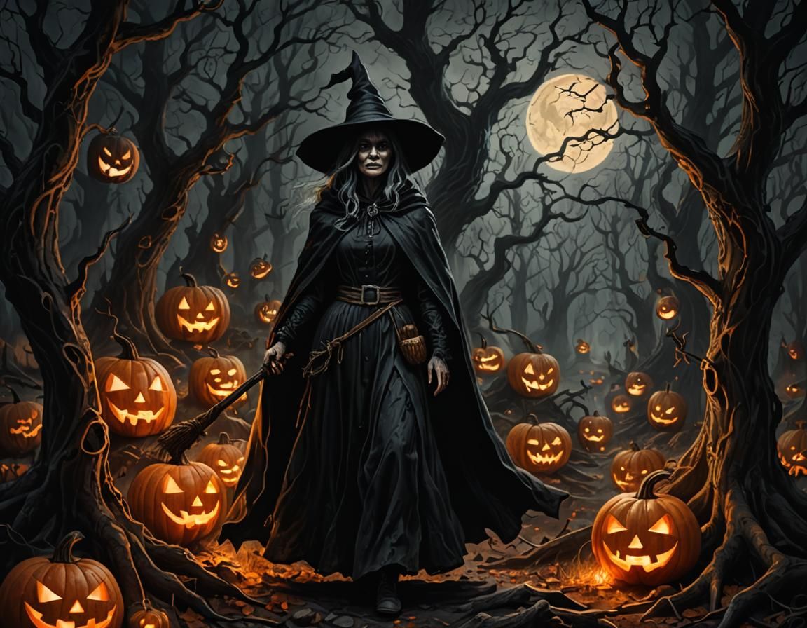 Mystical Witch in Dark Forest: Charcoal Drawing