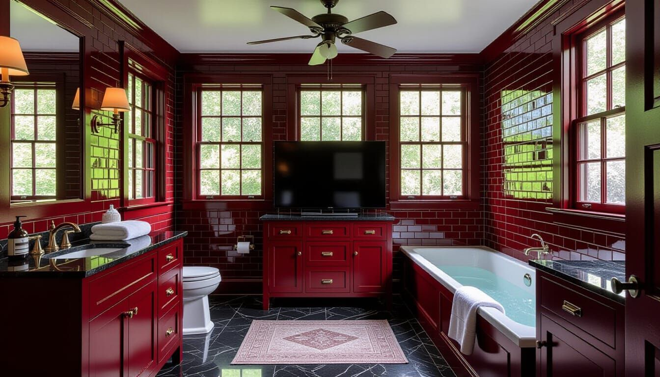 Vibrant Victorian Bathroom with Lush Trees and Ambient Light