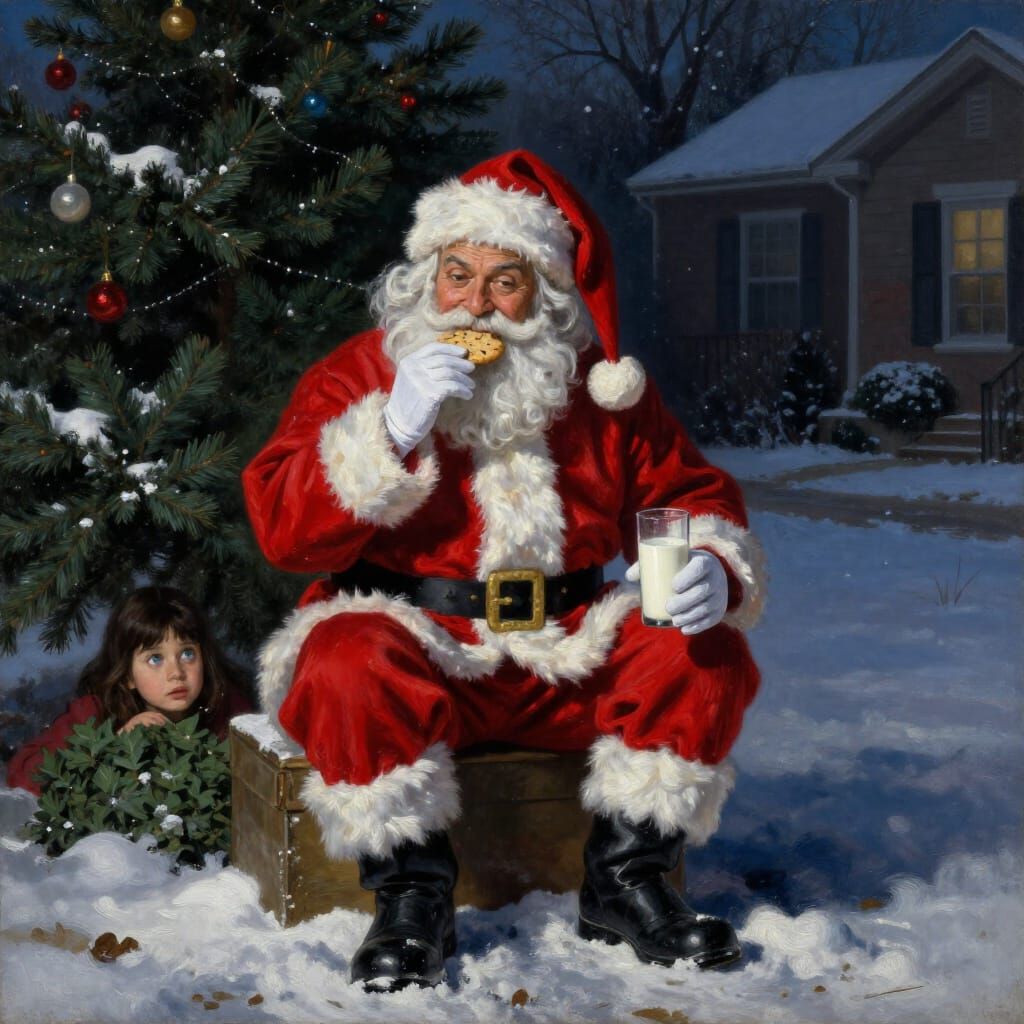 Latino Santa Claus on Snowy Lawn with Curious Girl