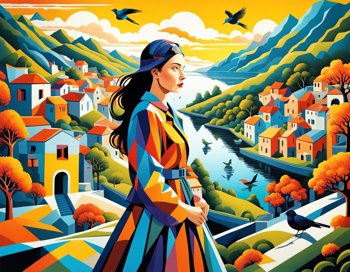 Woman in Escher-esque Landscape with Birds