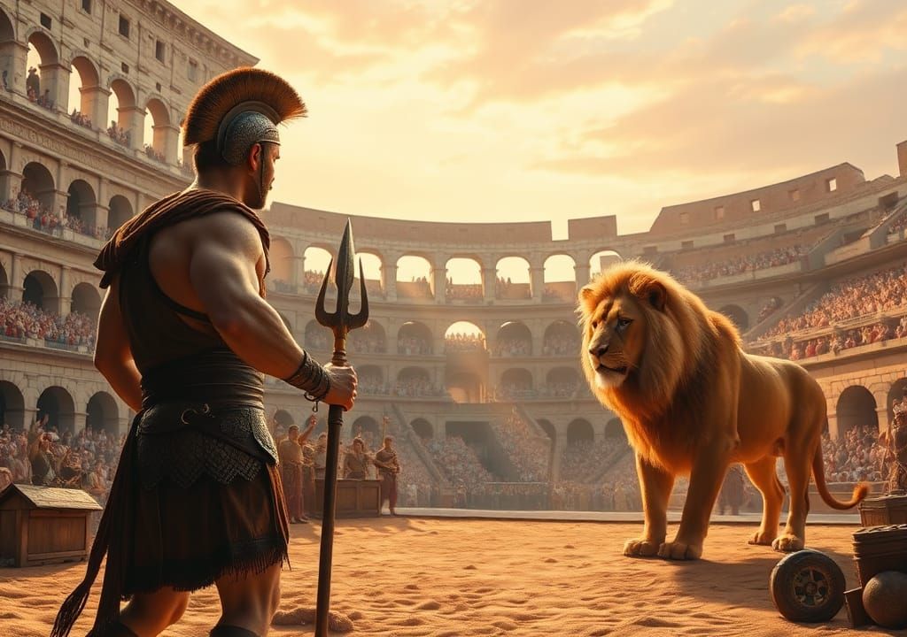 Gladiator and Lion in Colosseum: Oil Painting Style