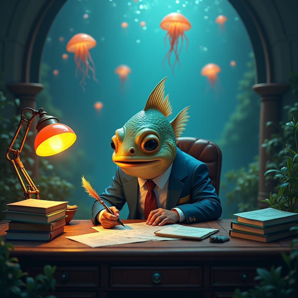 Fish Accountant in Mystical Underwater Office