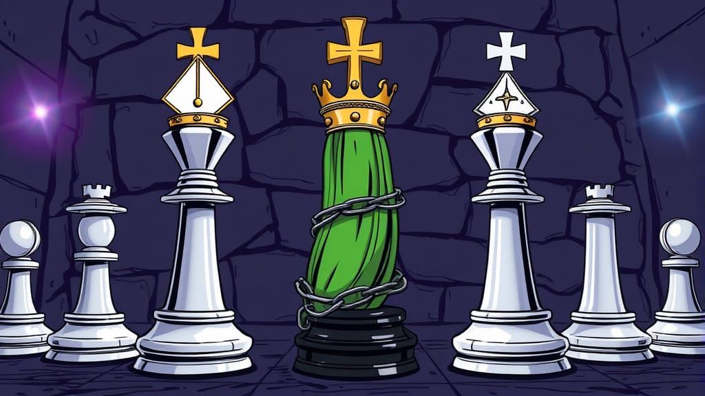Chess Pieces Guard a Pickle King in a Dungeon