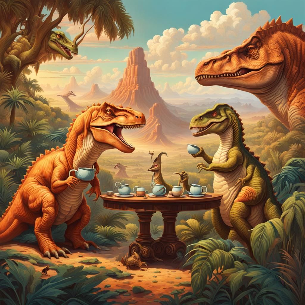 Anthropomorphic Dinosaurs Gossip in Primeval Landscape