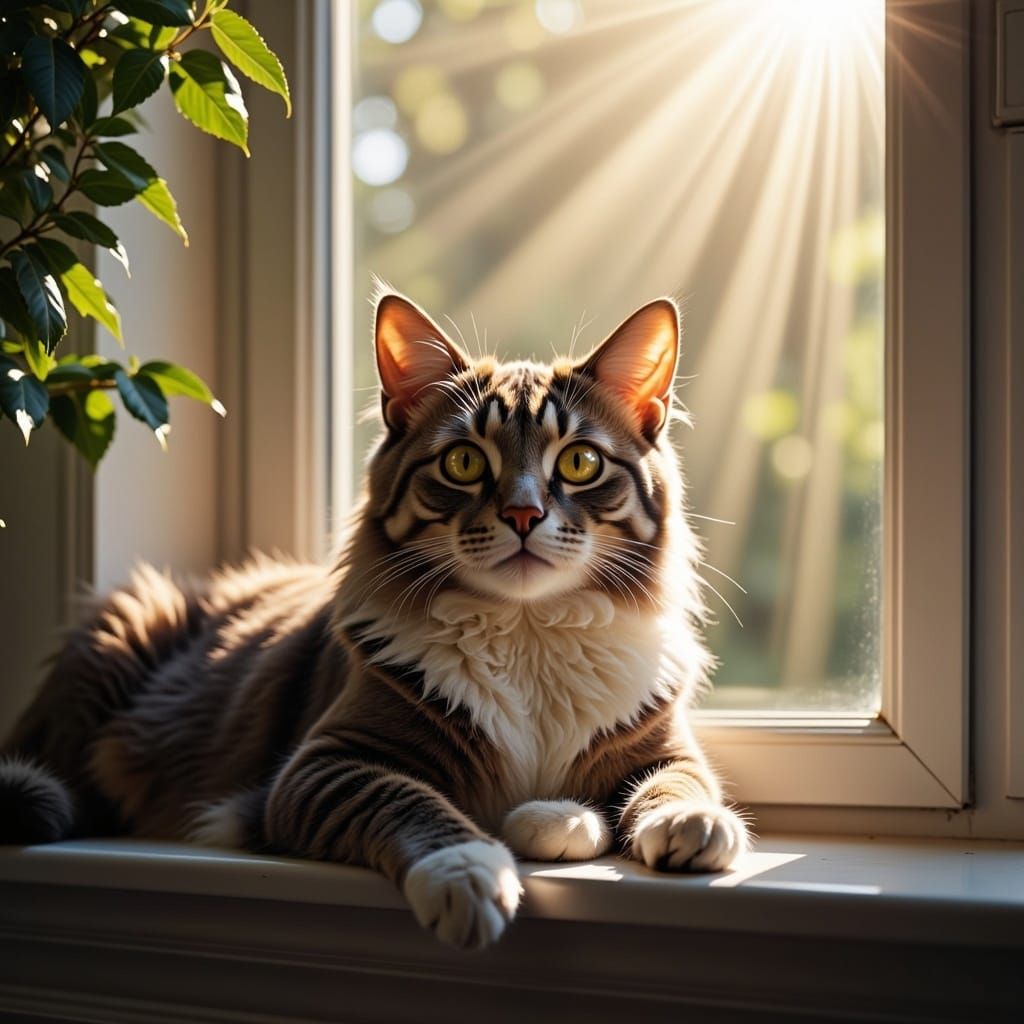 Cat Lounging on Windowsill with Cosmic Light