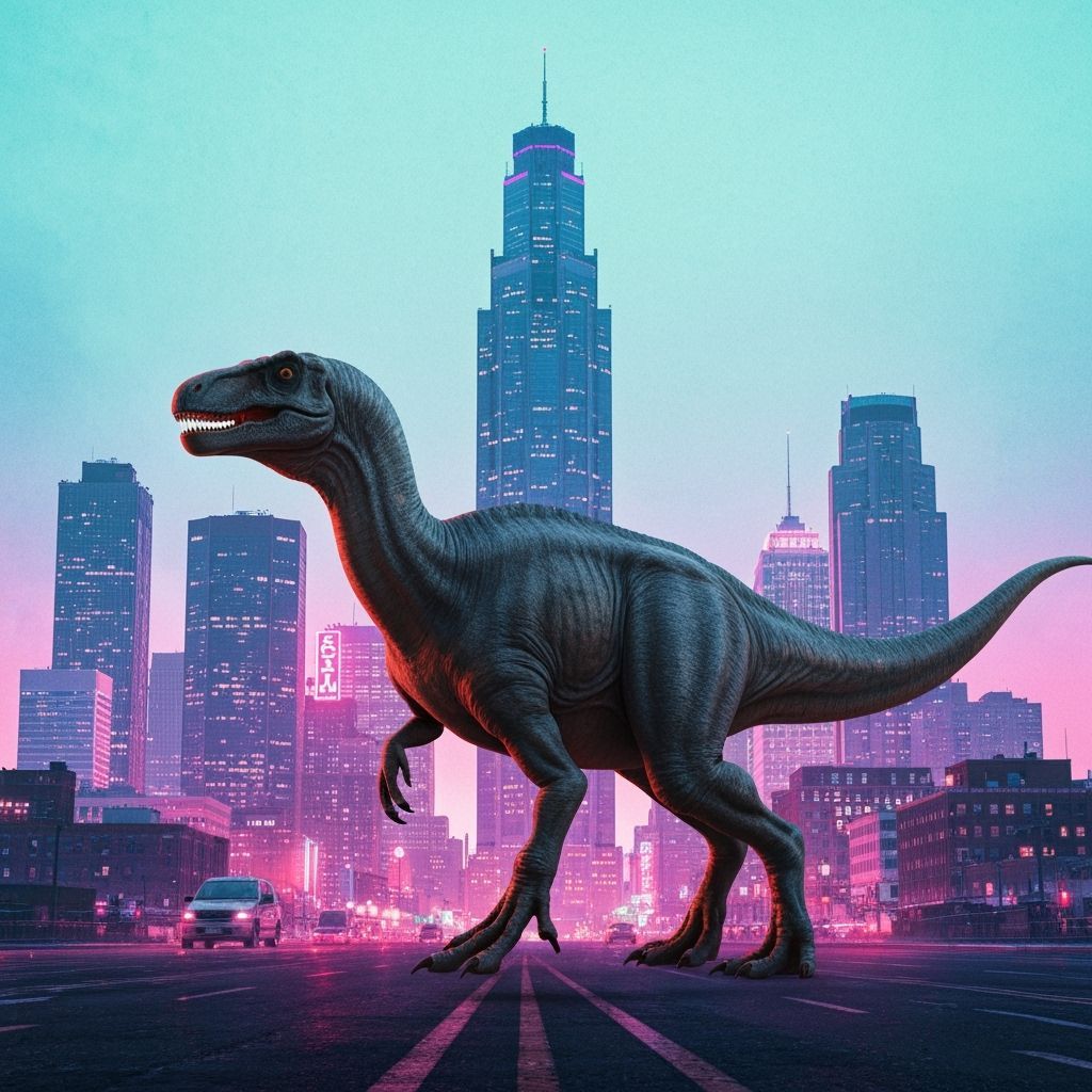 Rebbachisaurus in a Dystopian Detroit Cityscape