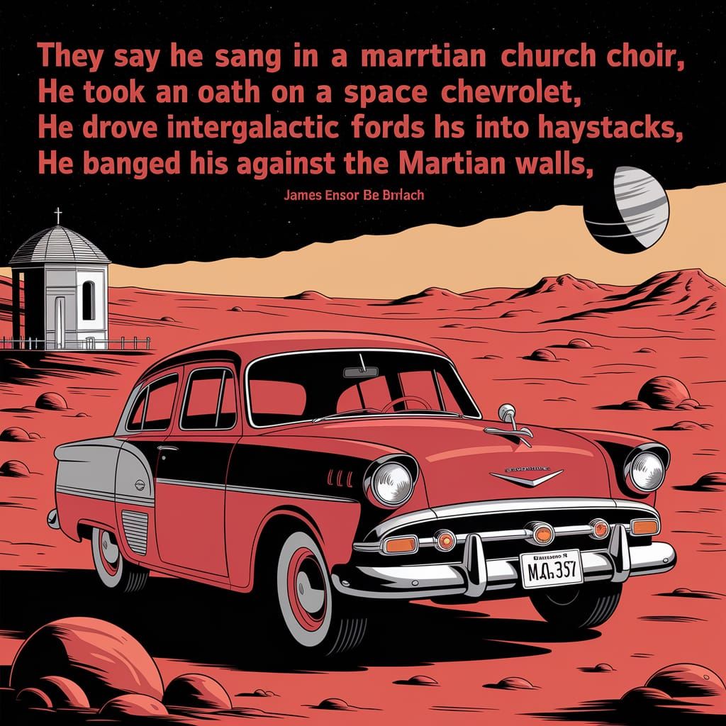 Martian Choir and Space Cars in Ensor Barlach Style