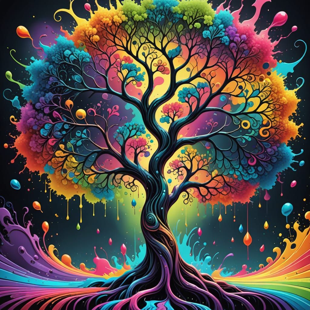 Vibrant Fractal Tree in Futuristic Graffiti Style