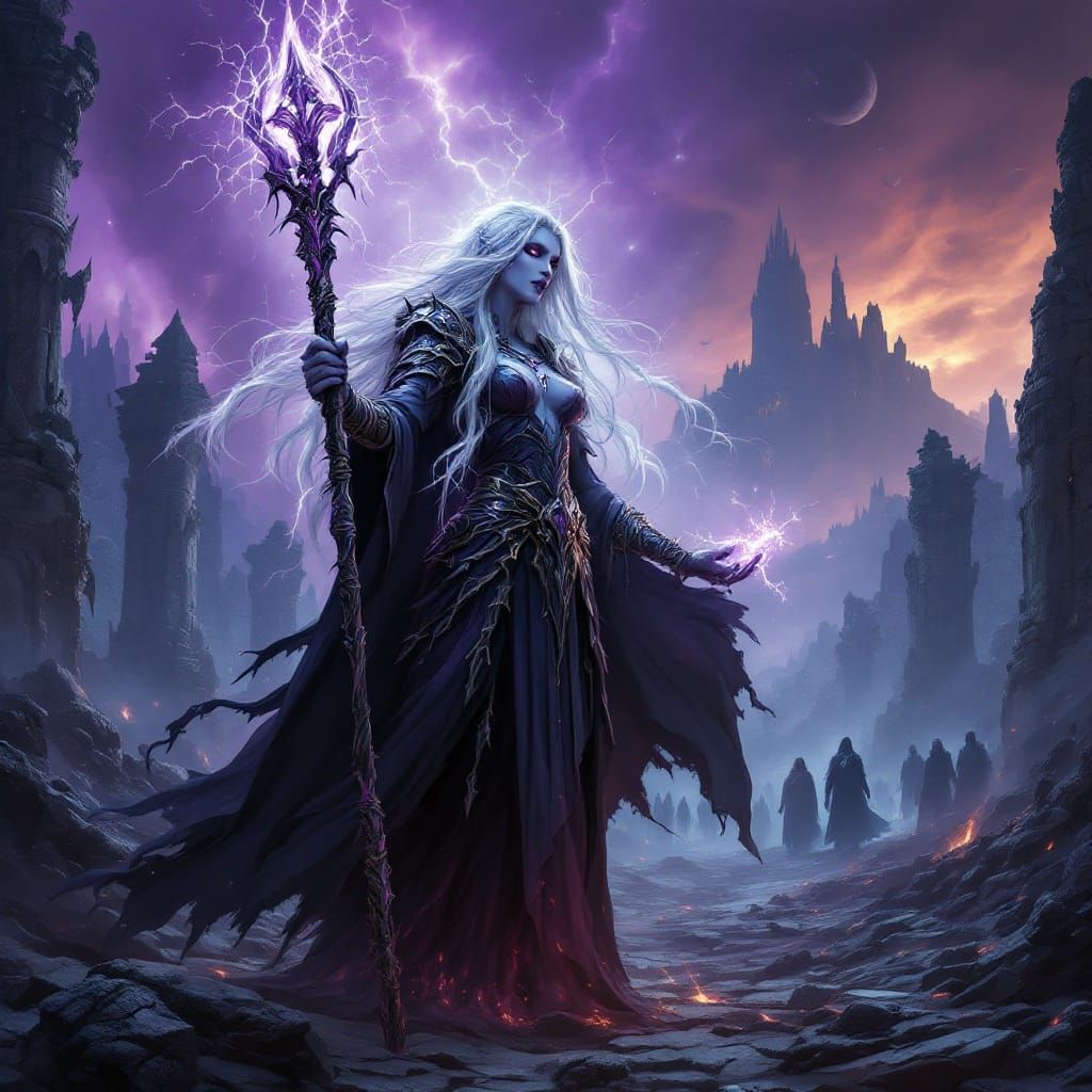 Ethereal Fantasy Warrior in Battle-Scarred Landscape