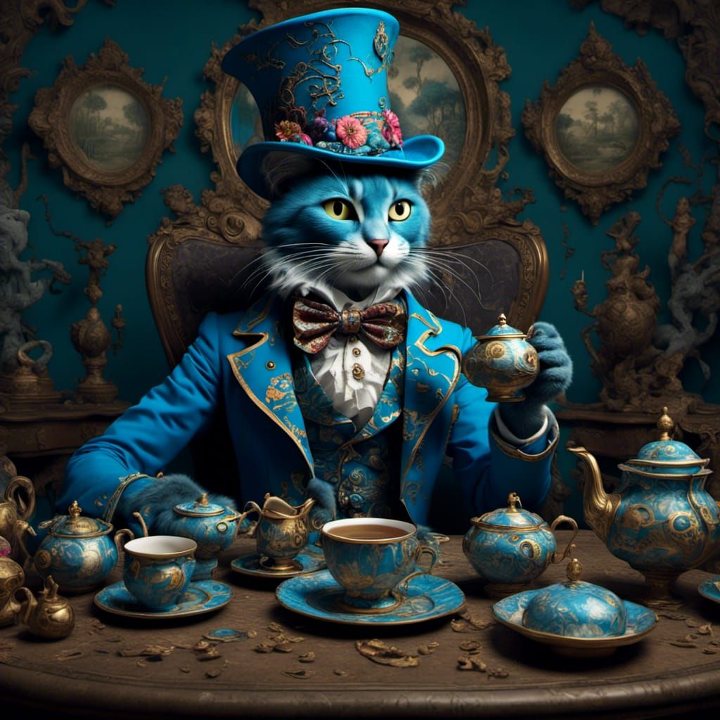 Surreal Blue Cat Gentleman Drinking Tea