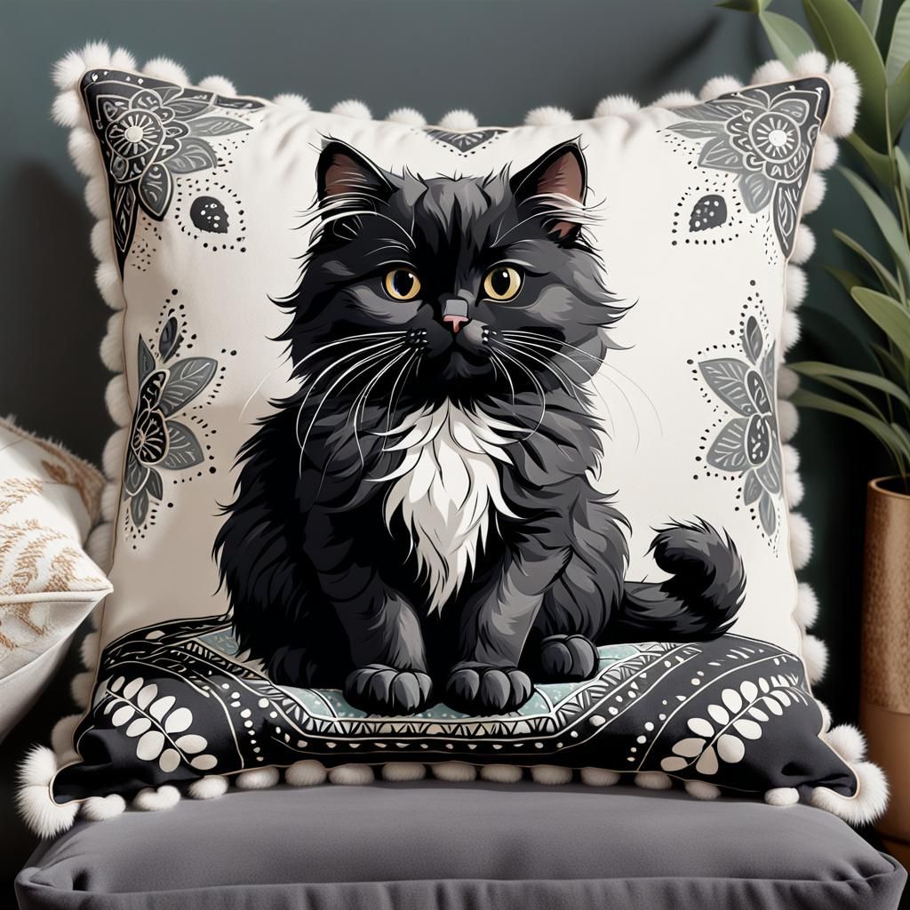 Cute Cartoon Black Kitty on Boho Pillow