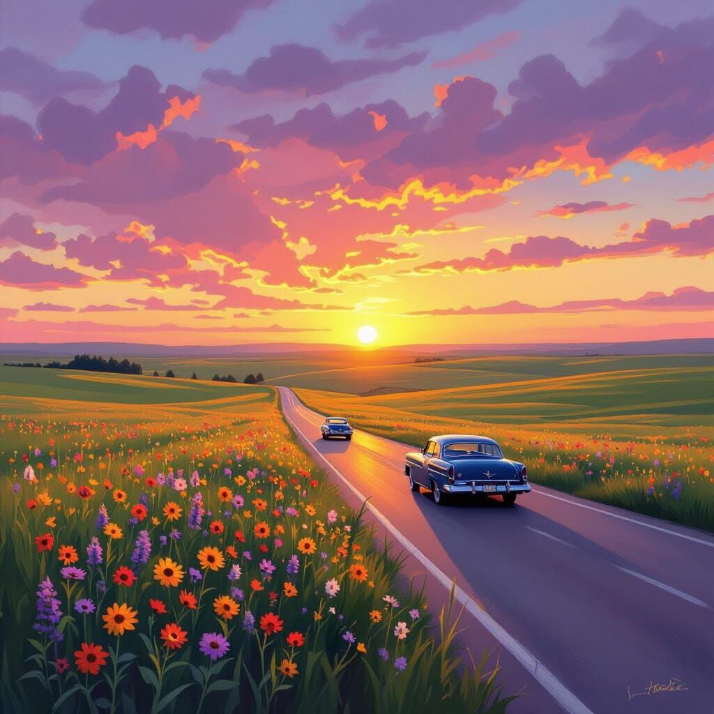 Kansas Highway Sunset: A Prairie Landscape