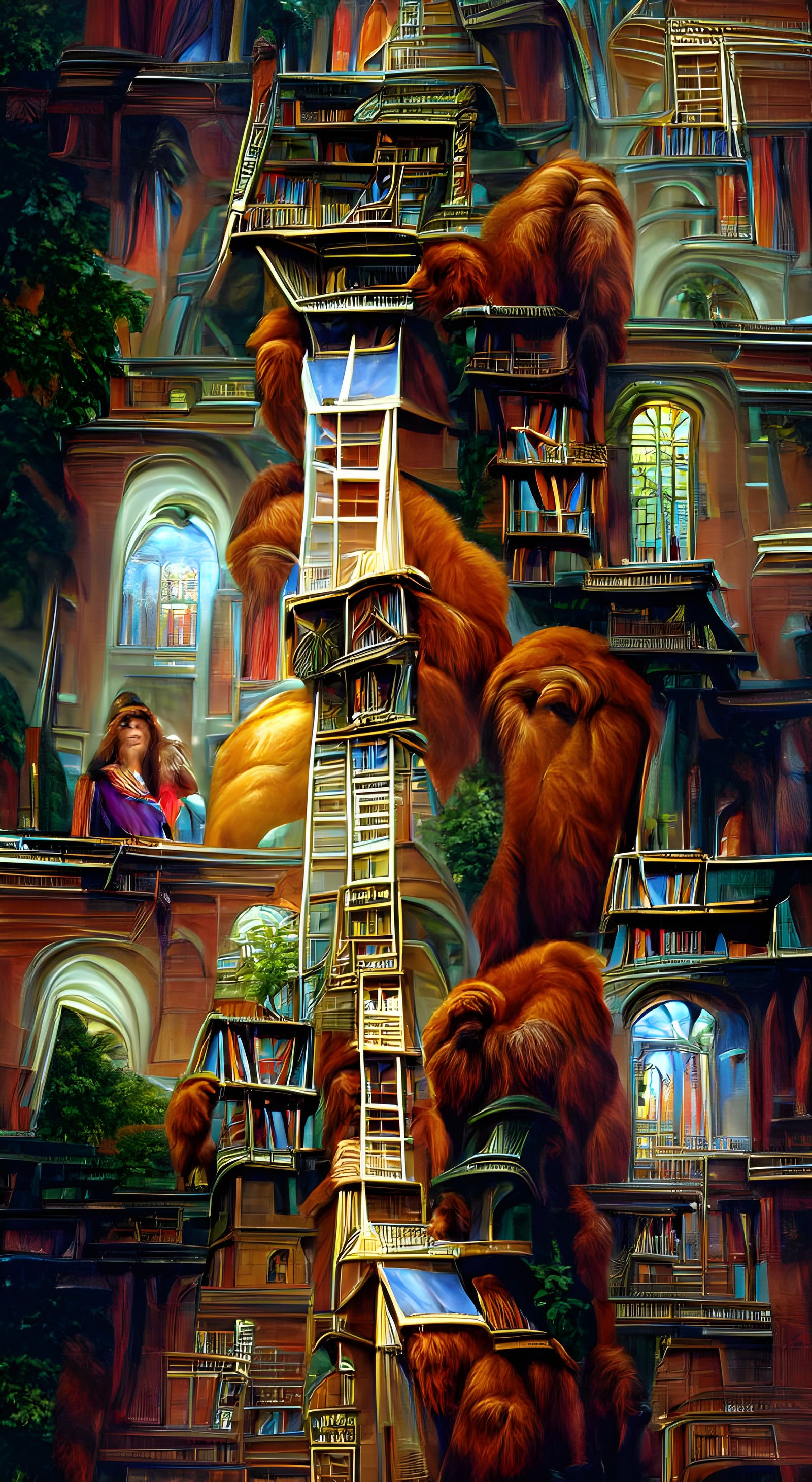Orangutan in Towering Library: Fantasy Illustration