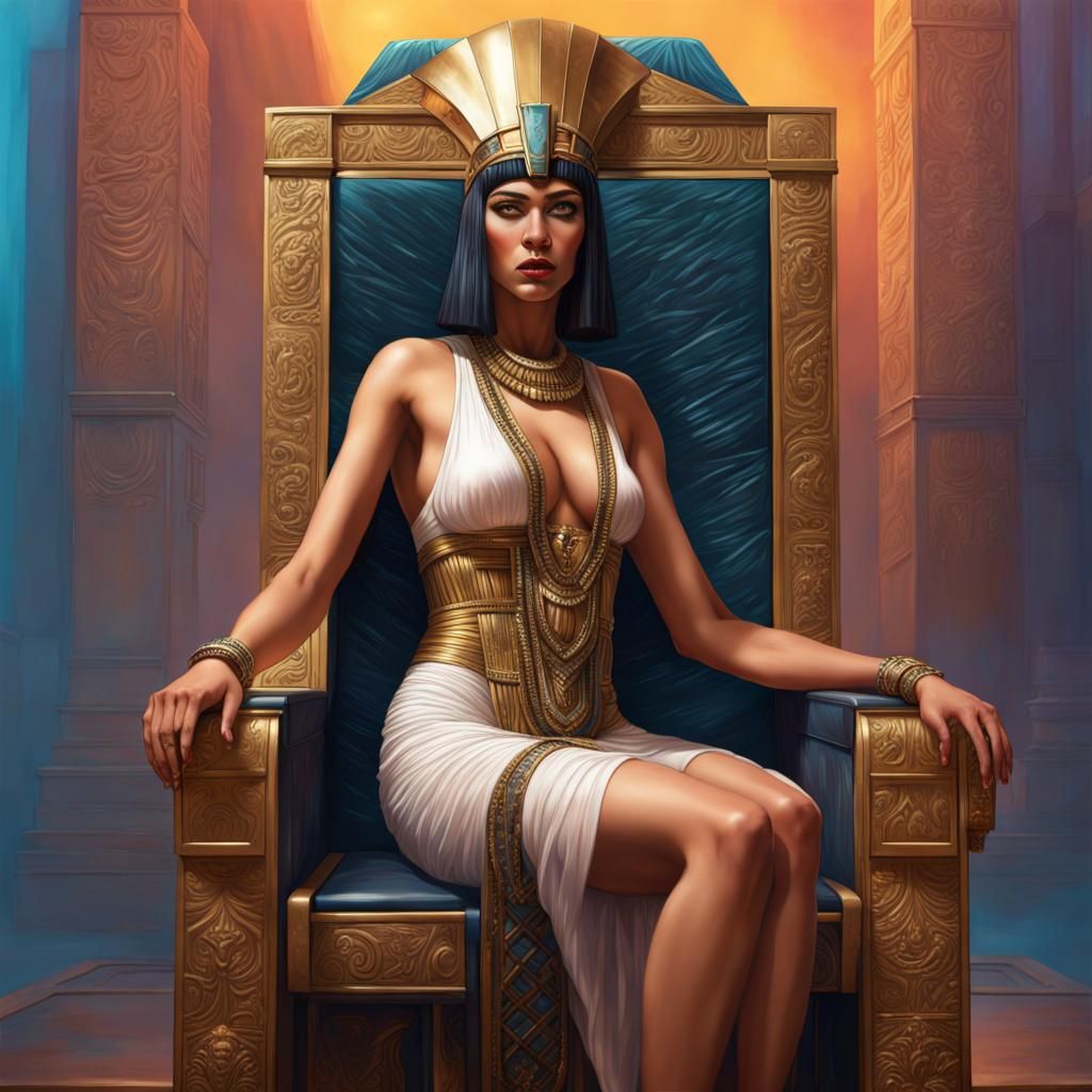Cleopatra on Throne in Nylon Gown: Hyperrealistic Art